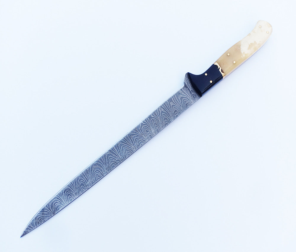 NOORAKI Handmade Damascus Steel Large Fillet Knife Hunting Fishing, Full Tang Camel Bone 13"