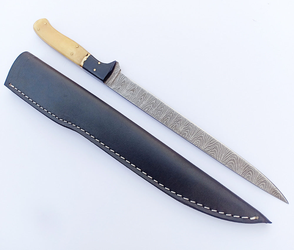 NOORAKI Handmade Damascus Steel Large Fillet Knife Hunting Fishing, Full Tang Camel Bone 13"