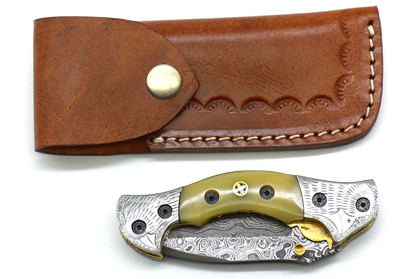 Exclusive Limited Edition Handmade Damascus Steel Folding Knife - Authentic Camel Bone Handle with Leather Sheath