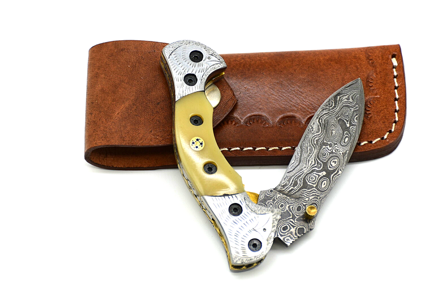 Exclusive Limited Edition Handmade Damascus Steel Folding Knife - Authentic Camel Bone Handle with Leather Sheath