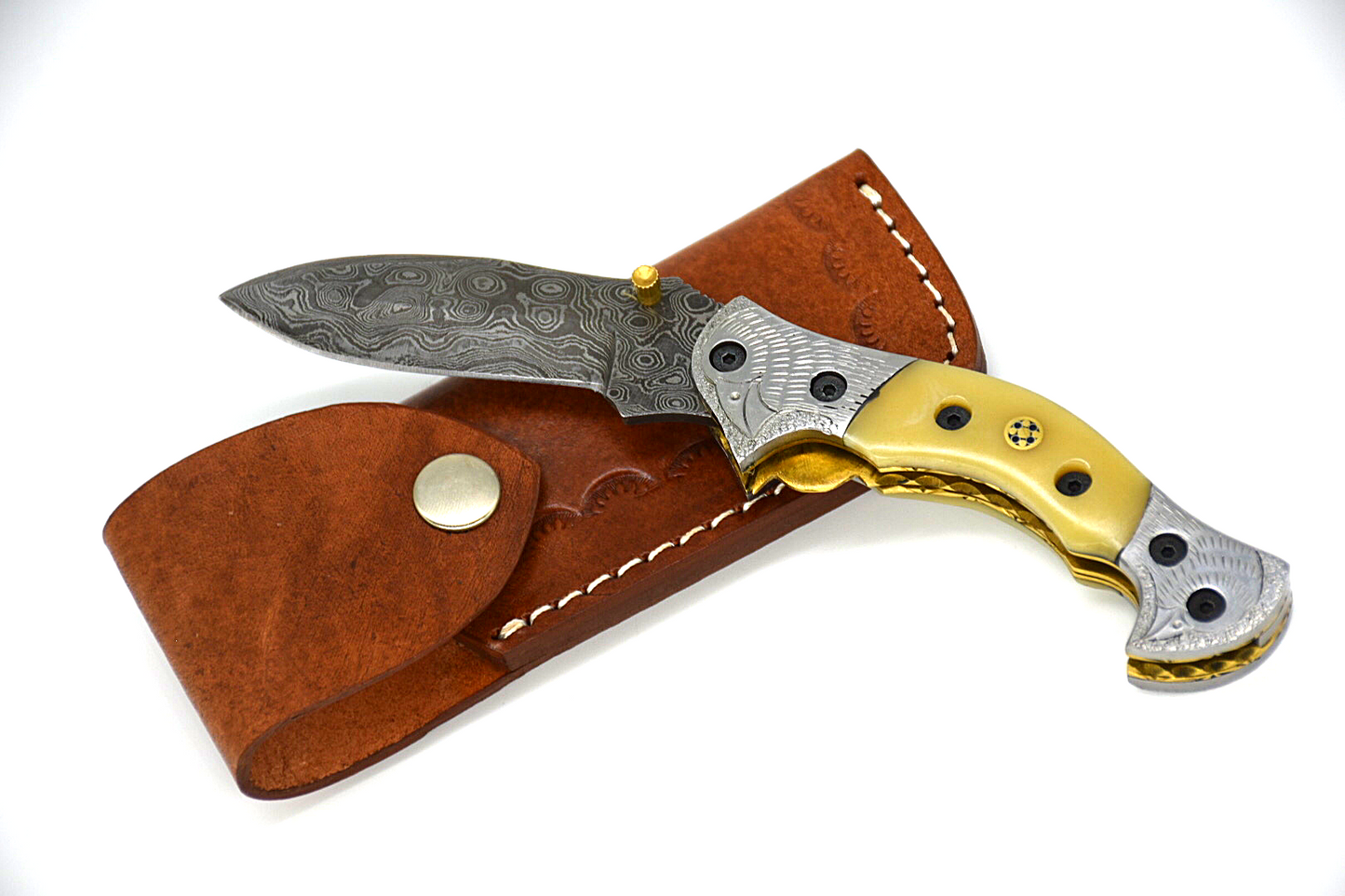 Exclusive Limited Edition Handmade Damascus Steel Folding Knife - Authentic Camel Bone Handle with Leather Sheath