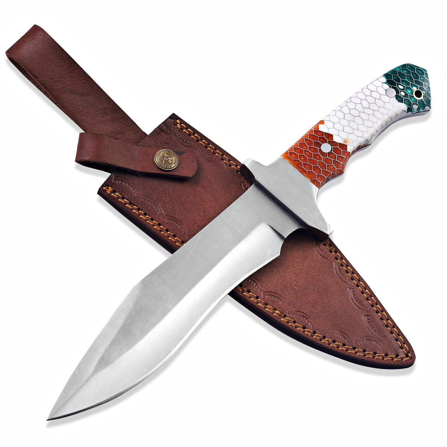 Handmade 12.5" High Carbon Steel Hunting Knife – 7.5" Razor Sharp Blade, Steel Bolster & Honeycomb Full TangHandle