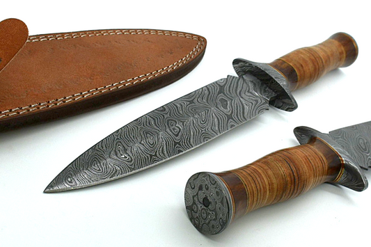 Dagger-Style Damascus Steel Knife with 13" Leather-Clad Handle and Matching Leather Sheath