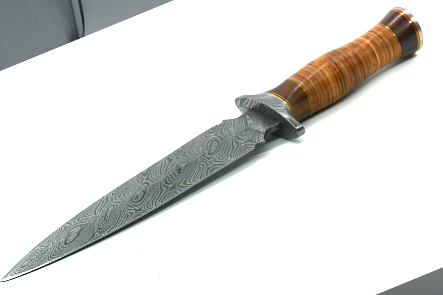 Dagger-Style Damascus Steel Knife with 13" Leather-Clad Handle and Matching Leather Sheath