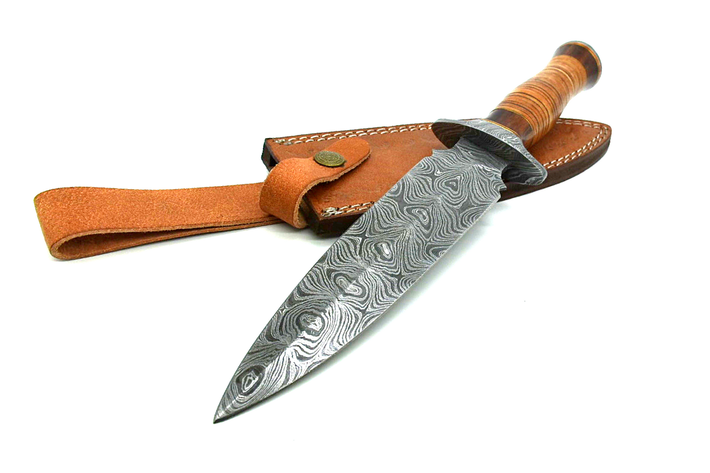 Dagger-Style Damascus Steel Knife with 13" Leather-Clad Handle and Matching Leather Sheath