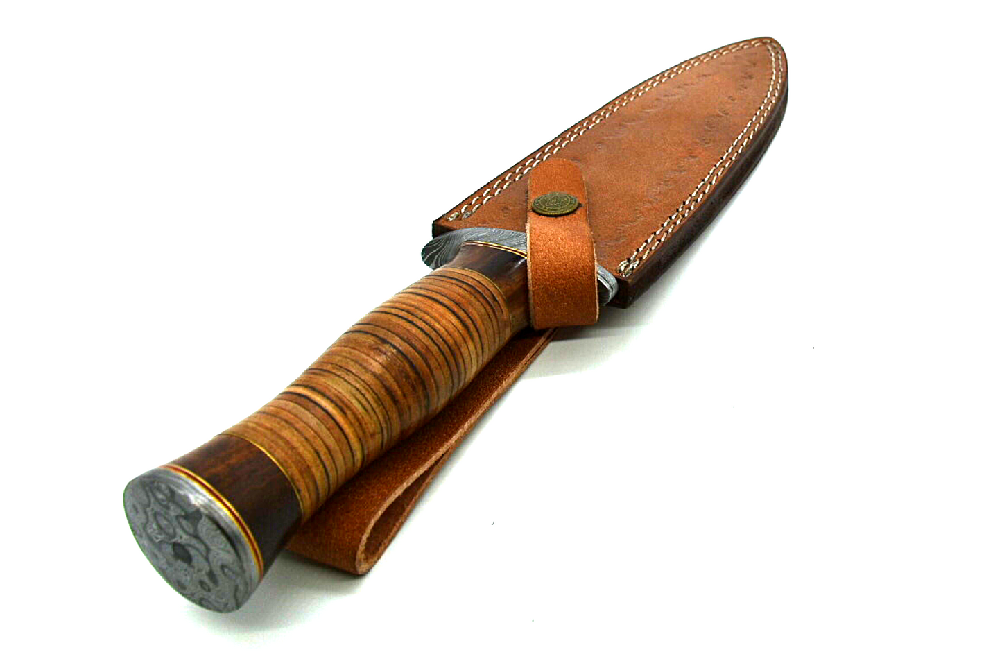 Dagger-Style Damascus Steel Knife with 13" Leather-Clad Handle and Matching Leather Sheath