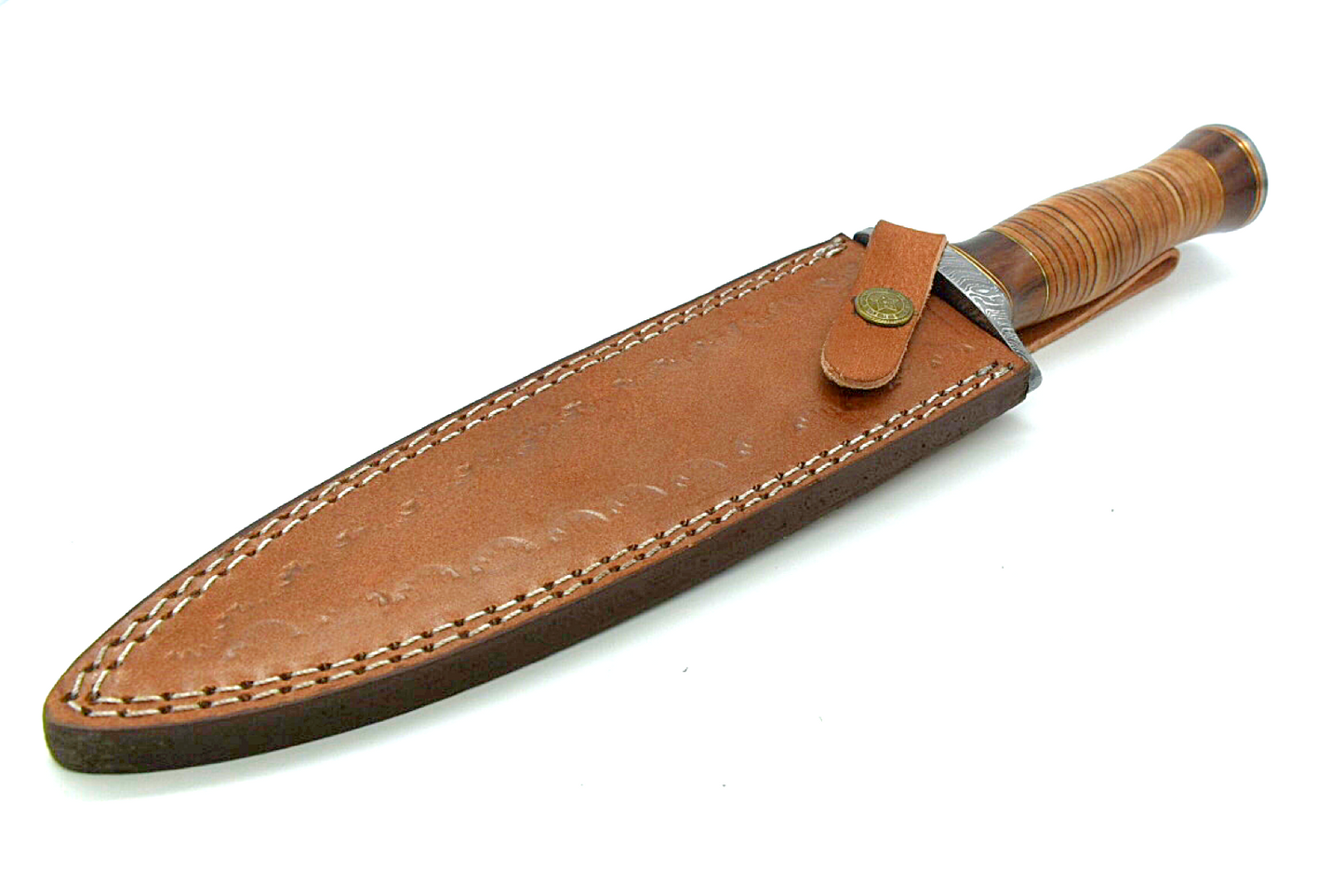 Dagger-Style Damascus Steel Knife with 13" Leather-Clad Handle and Matching Leather Sheath