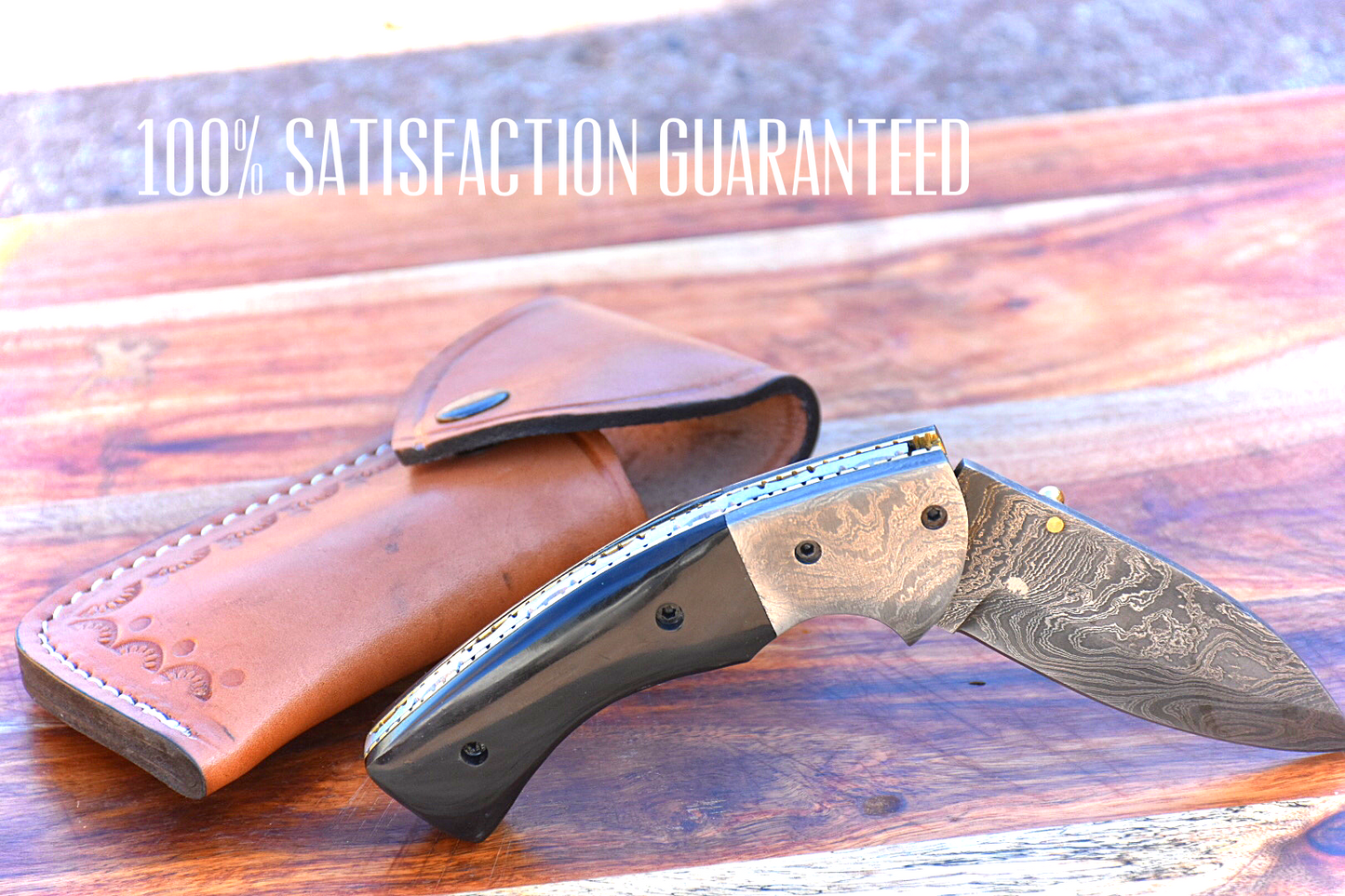 Crafted Custom Damascus Steel Folding Knife - Exquisite Buffalo Horn Handle and Complimentary Sheath