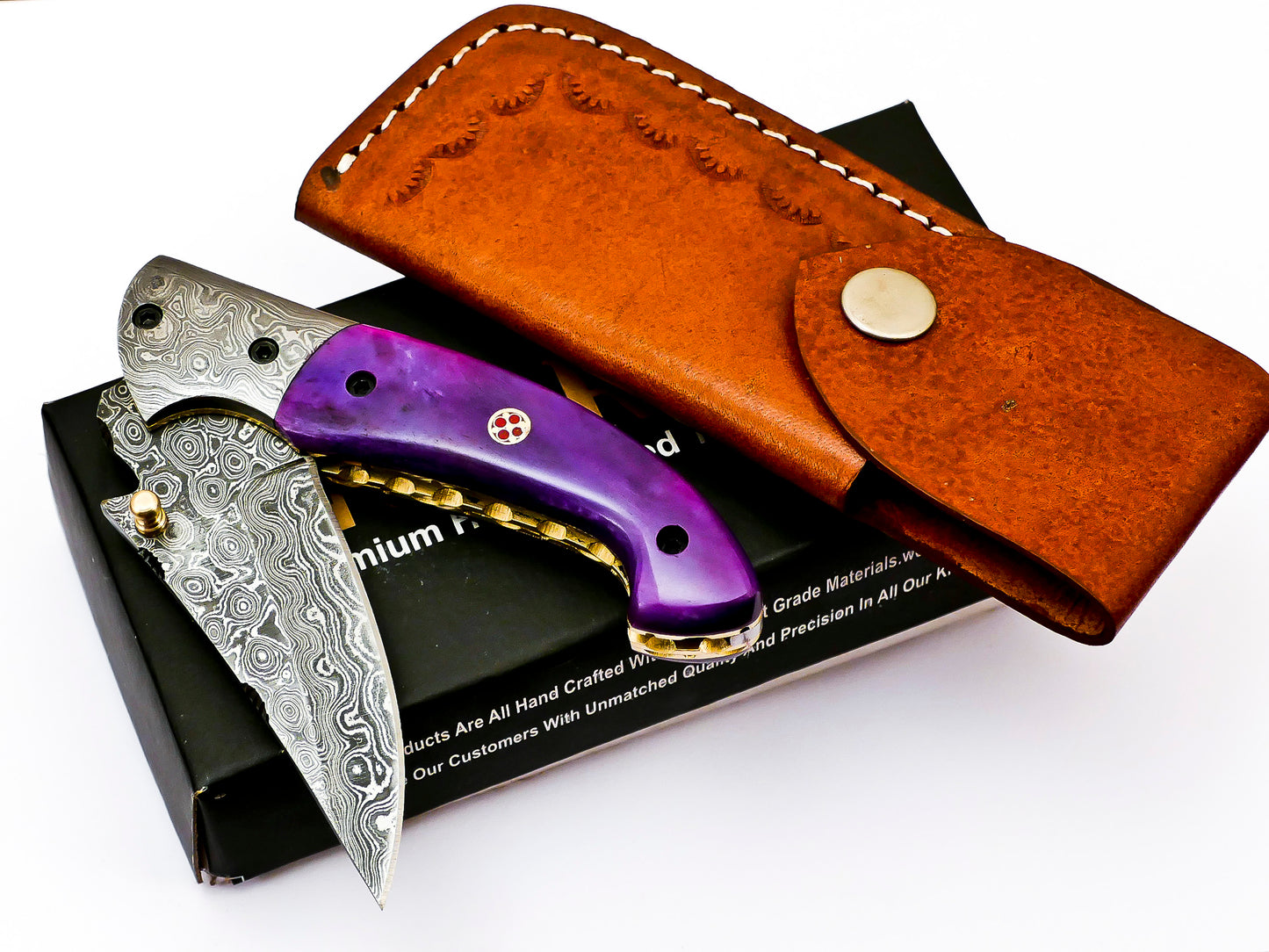 Premium Handmade Damascus Steel Folding Pocket Knife - with Leather Sheath - Classic Artistry