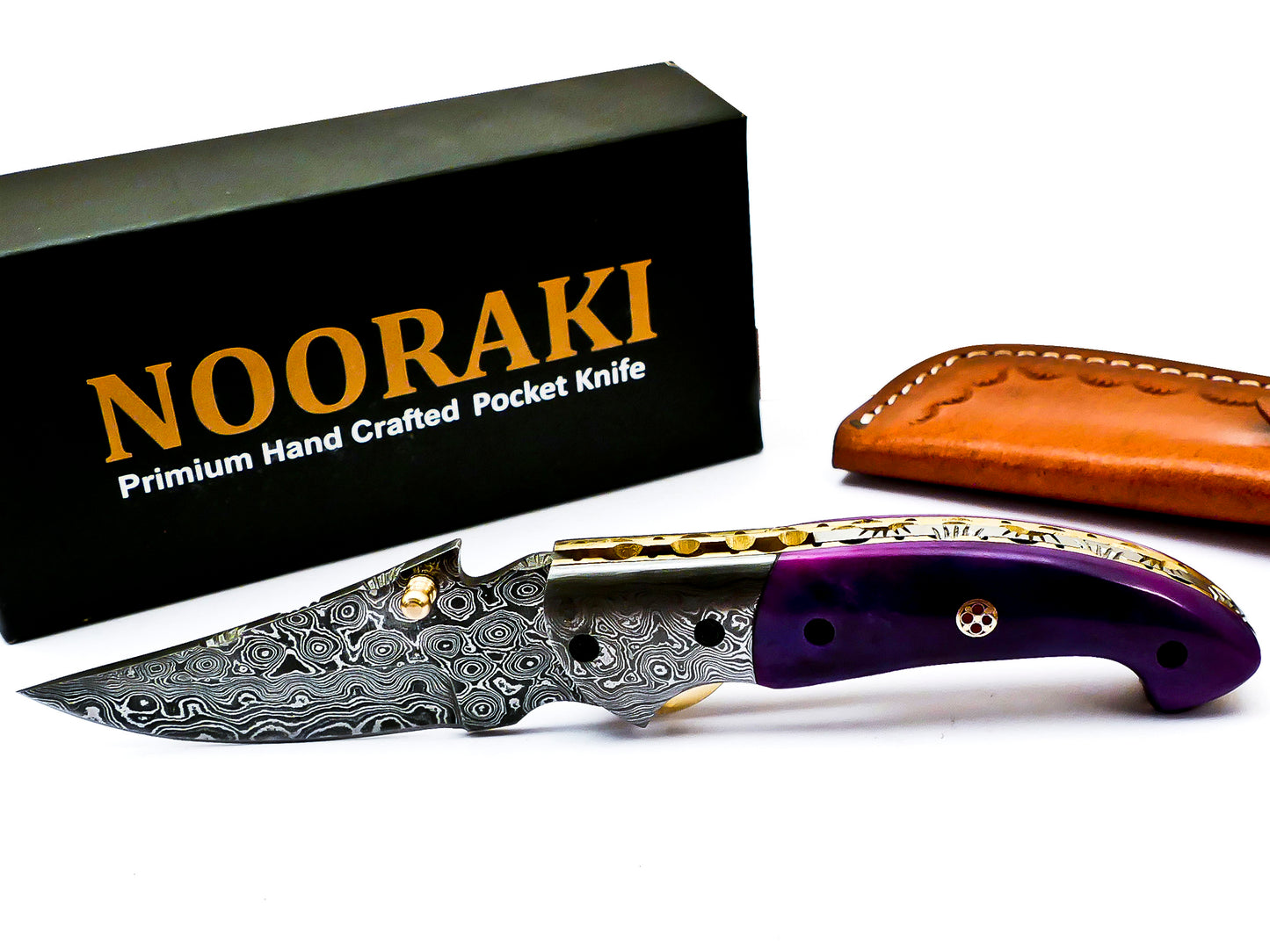 Premium Handmade Damascus Steel Folding Pocket Knife - with Leather Sheath - Classic Artistry