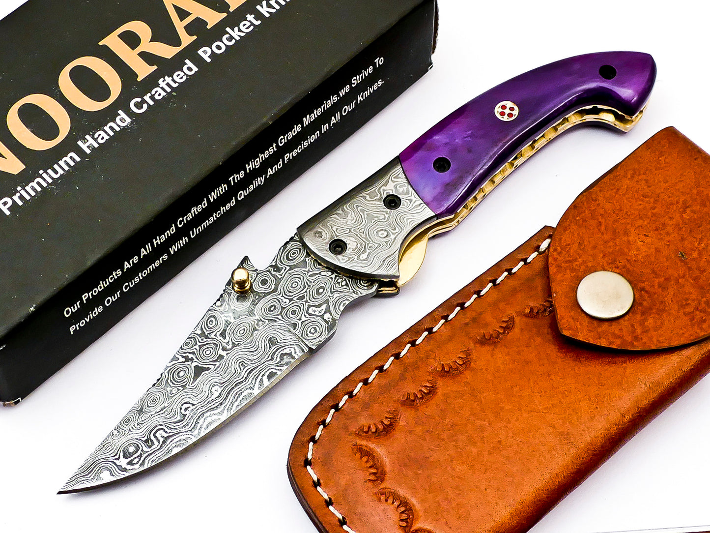 Premium Handmade Damascus Steel Folding Pocket Knife - with Leather Sheath - Classic Artistry