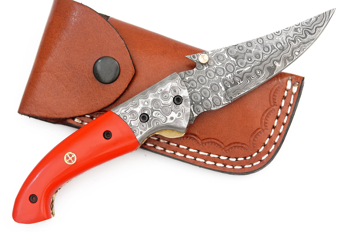 Custom Handmade Damascus Steel Folding Knife - Coloured Bone Handle with Damascus Steel Bolsters.+ Hand Stitched Leather Sheath, Classic Piece of Art