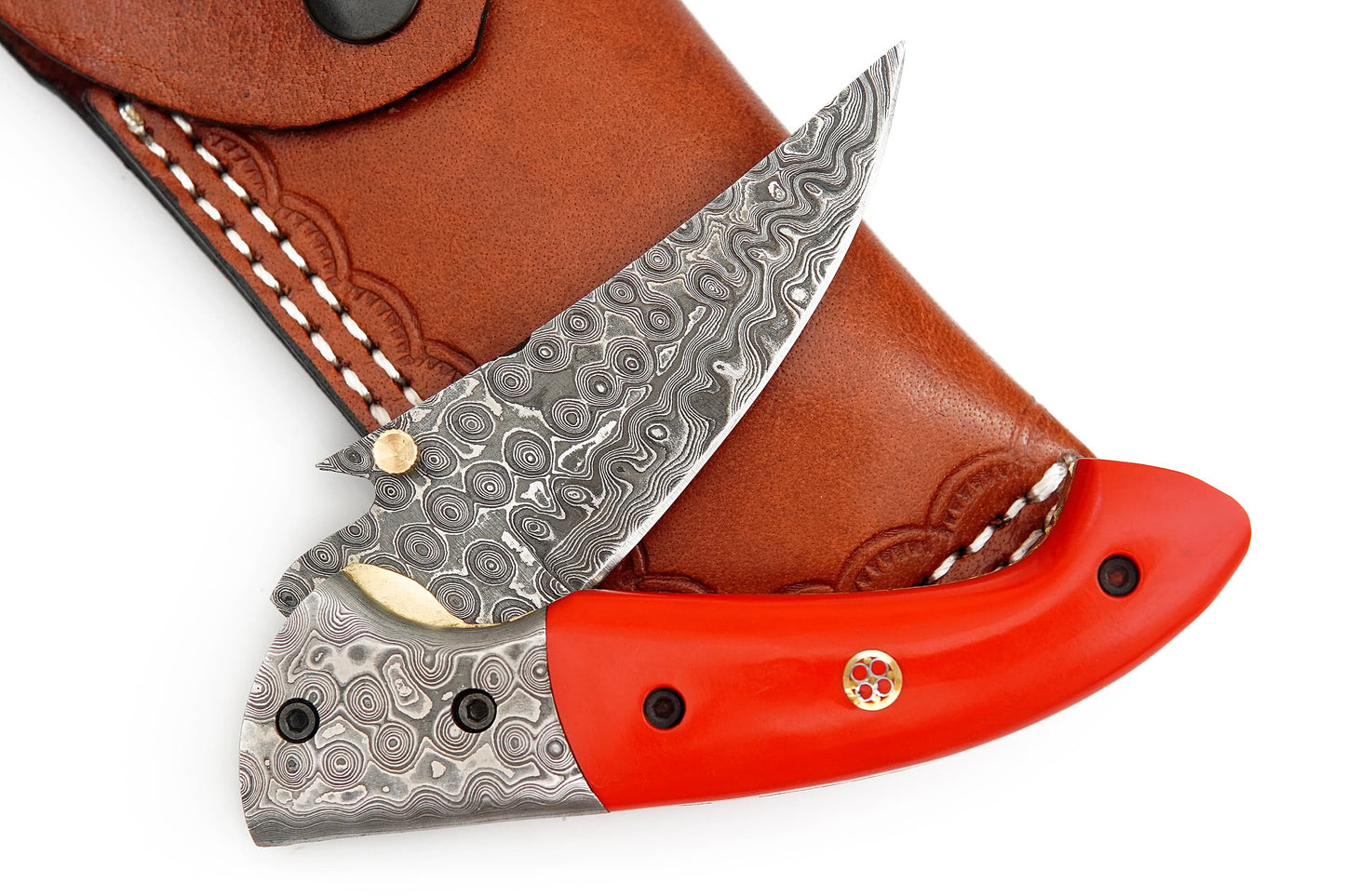 Custom Handmade Damascus Steel Folding Knife - Coloured Bone Handle with Damascus Steel Bolsters.+ Hand Stitched Leather Sheath, Classic Piece of Art