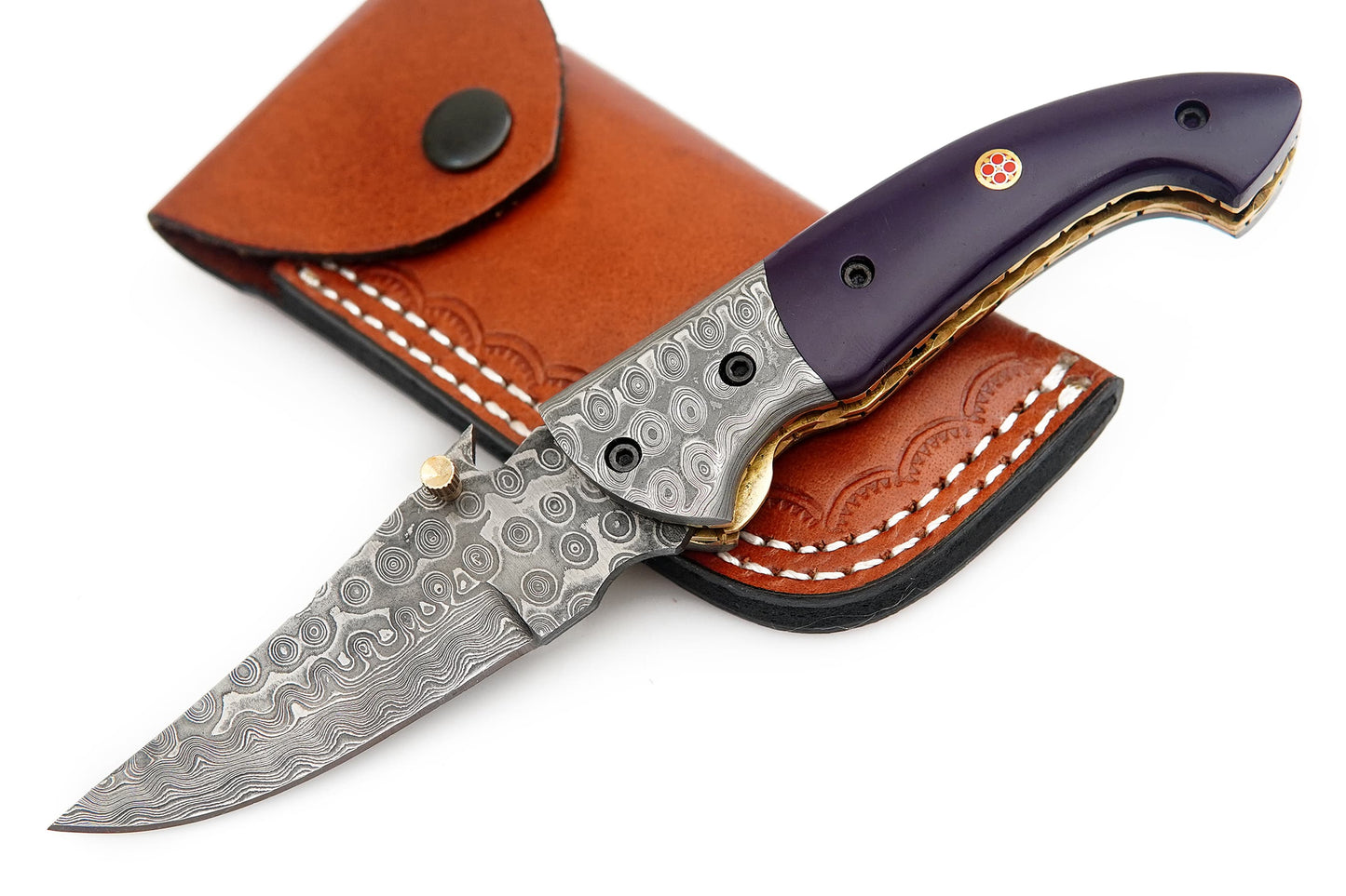 Handmade Damascus Steel Folding Knife - Camel Bone Handle with Leather Sheath