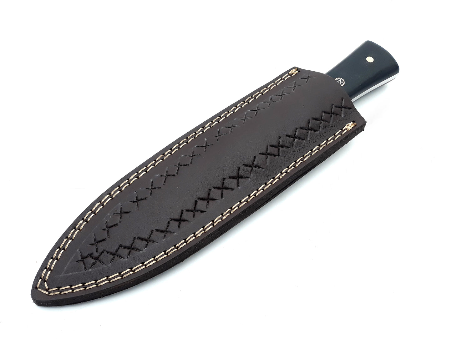 Handmade Damascus Steel Fixed Blade Knife - Leather Sheath, Full Tang, Multipurpose, Black Micarta Handle, Brass Engraved Bolster - Hunting, Hiking, Camping, Survival