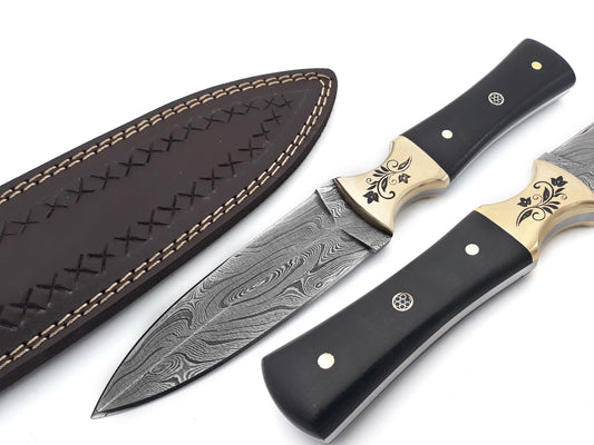 Handmade Damascus Steel Fixed Blade Knife - Leather Sheath, Full Tang, Multipurpose, Black Micarta Handle, Brass Engraved Bolster - Hunting, Hiking, Camping, Survival