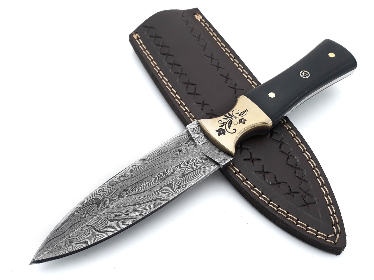 Handmade Damascus Steel Fixed Blade Knife - Leather Sheath, Full Tang, Multipurpose, Black Micarta Handle, Brass Engraved Bolster - Hunting, Hiking, Camping, Survival