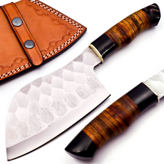 Hand Forged Professional Chef Cleaver - Kitchen Chopper with Leather Sheath | Full Tang, Leather & Horn Handle"