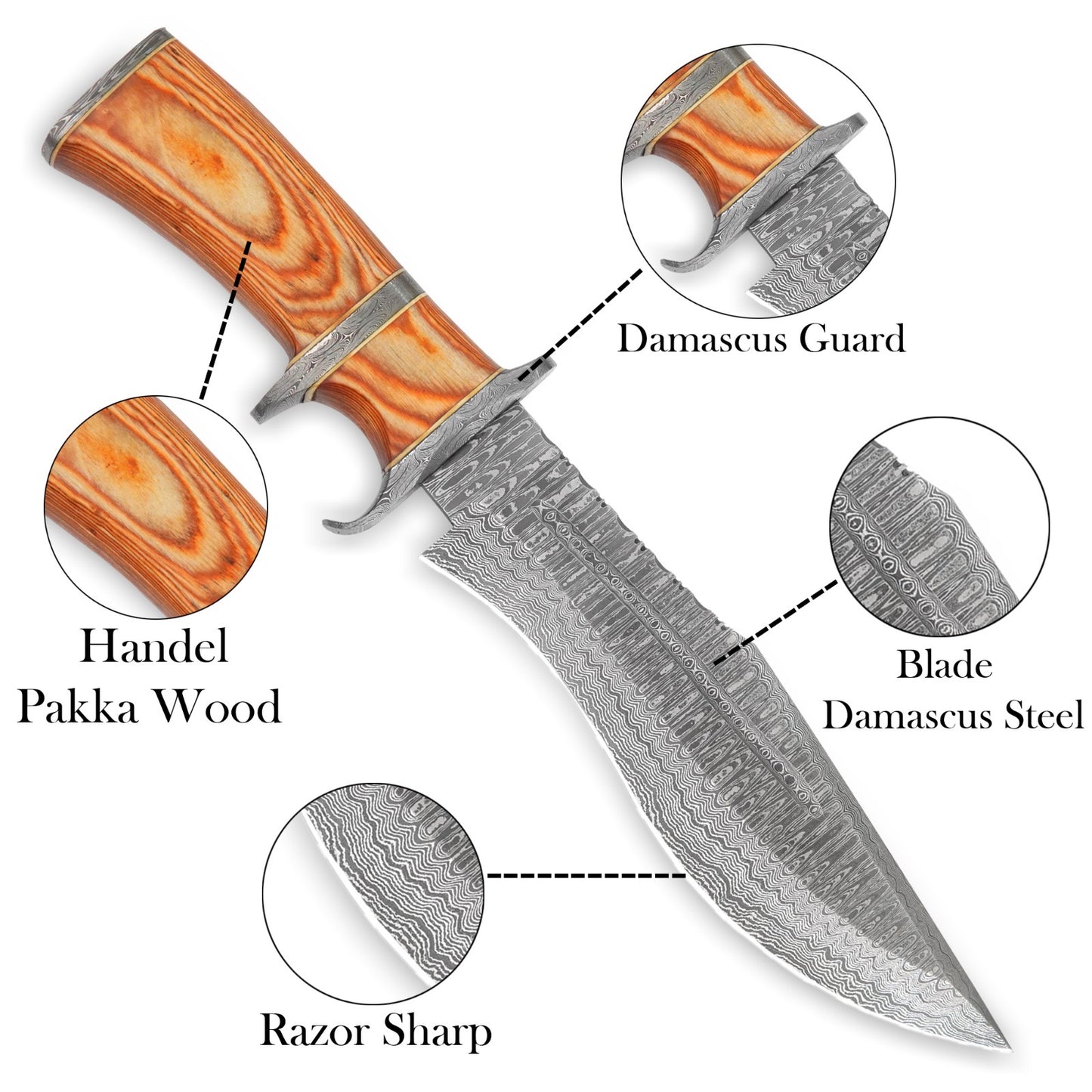 15″ Damascus Bowie Knife with Sheath | Hand Made Hunting Knife - Fixed Blade Long Bowie Knives - Ideal for Survival ,Chopping, Camping, Outdoor Gift for Men |Tactical Knife Brown Wood Handle