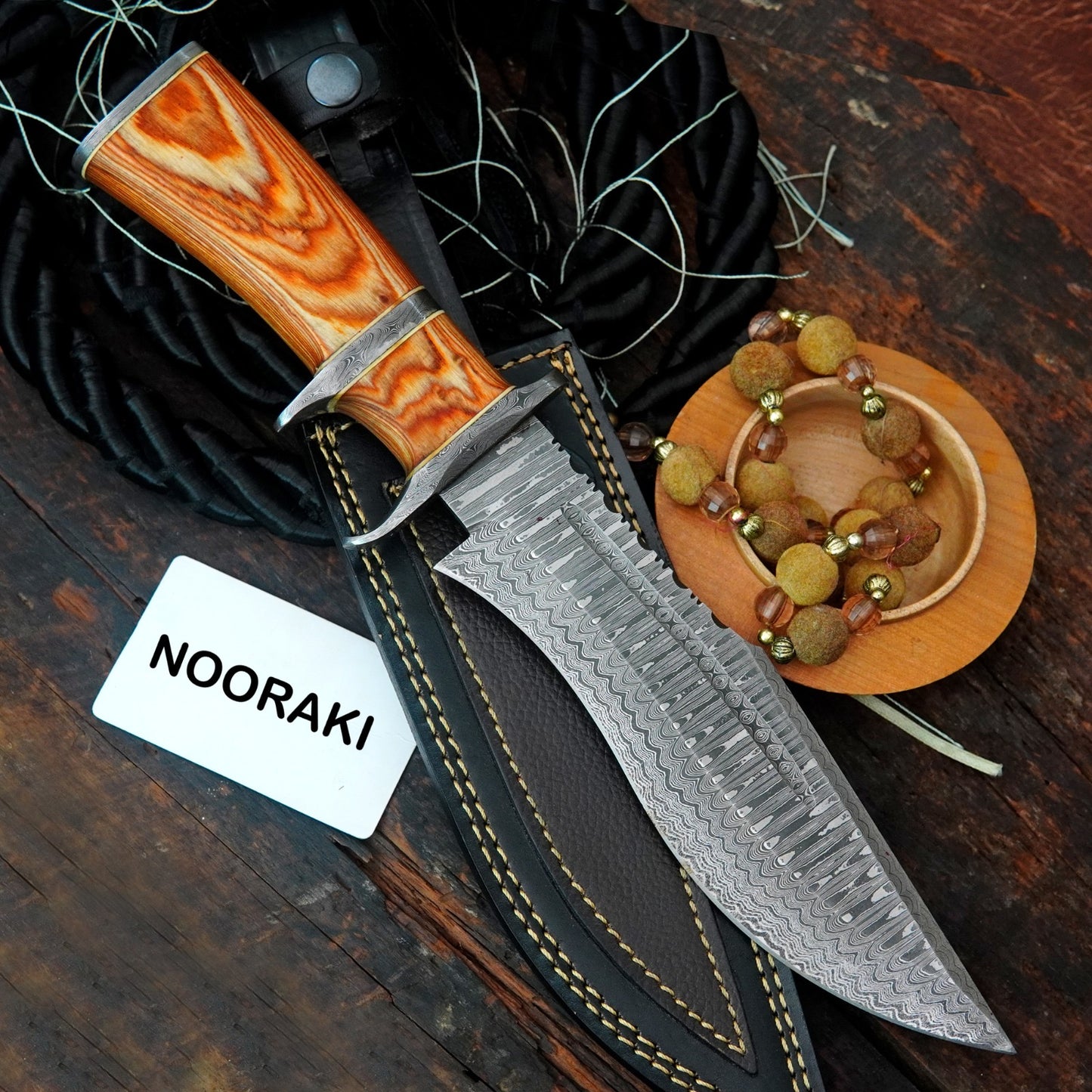 15″ Damascus Bowie Knife with Sheath | Hand Made Hunting Knife - Fixed Blade Long Bowie Knives - Ideal for Survival ,Chopping, Camping, Outdoor Gift for Men |Tactical Knife Brown Wood Handle