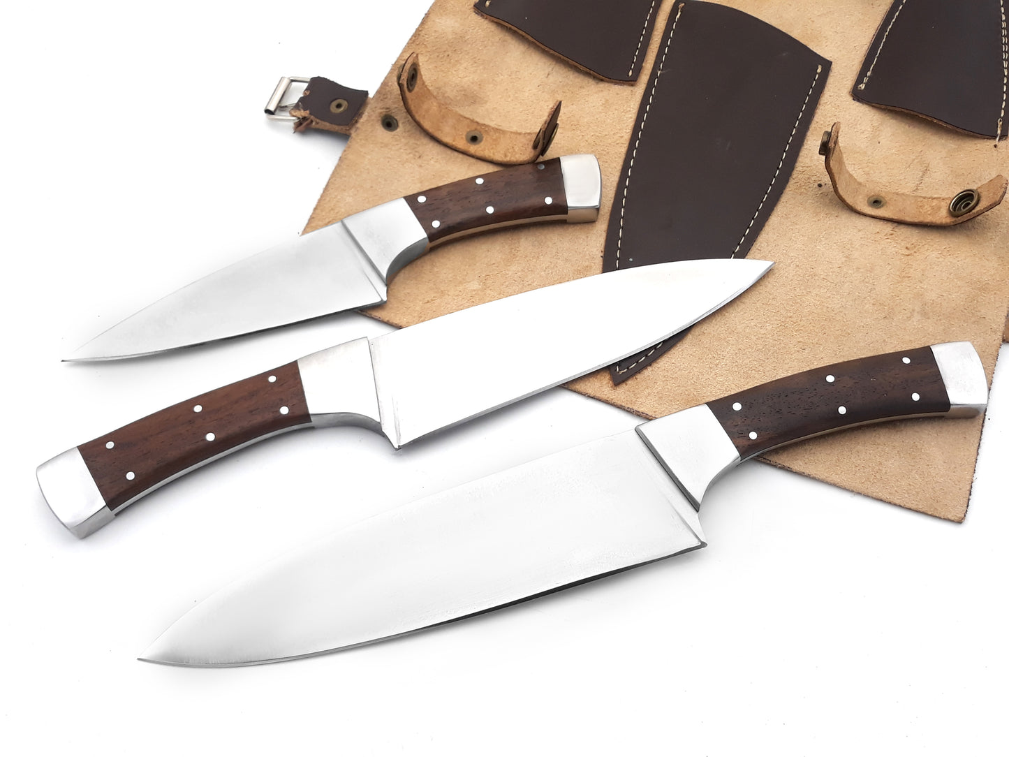 Premium Chef Knife Set with Elegant Olive Wood Handle - Full Tang, Ultra Sharp Blades, and Stylish Leather Roll Bag 3pcs