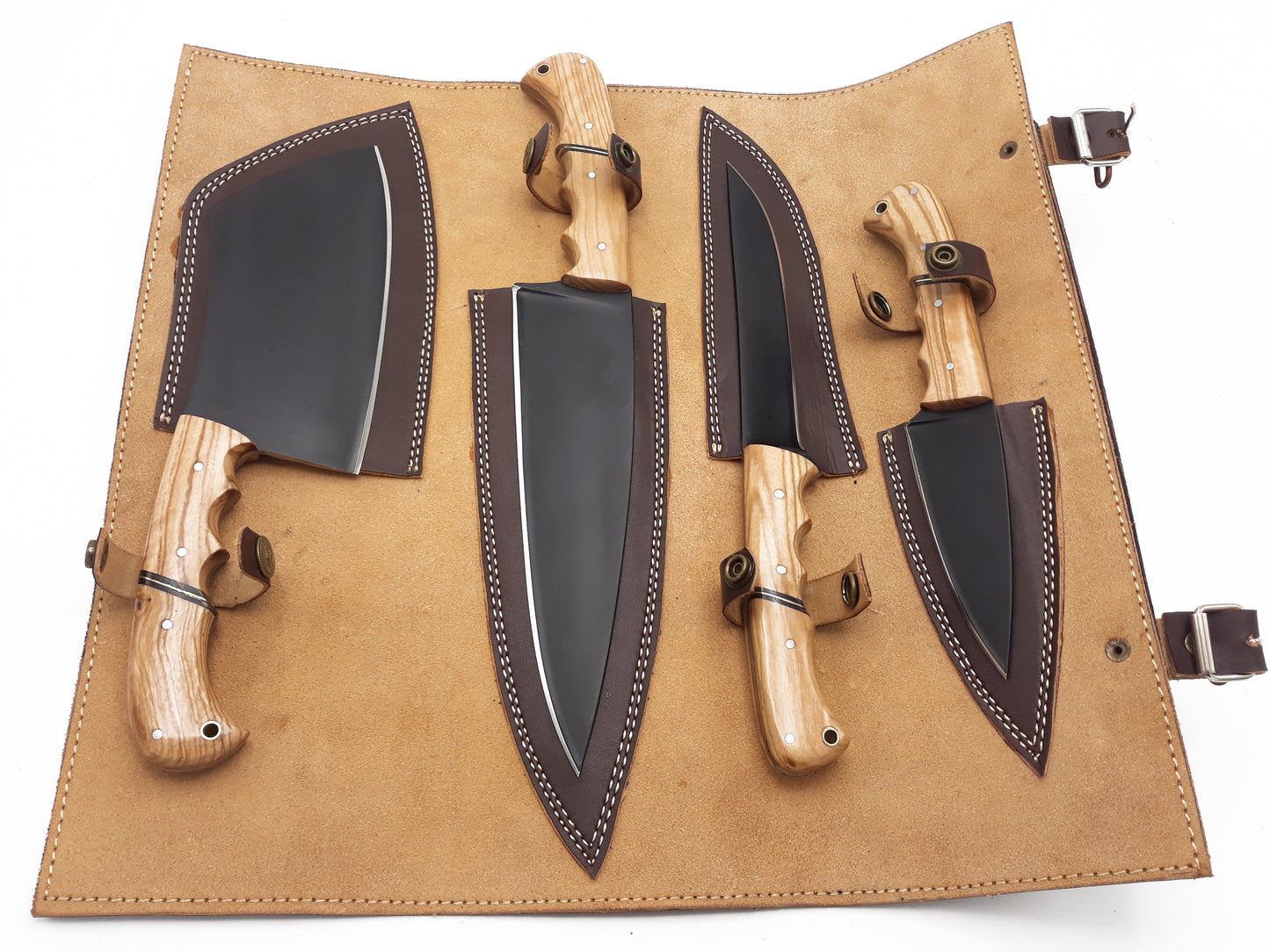 Elegant 4-Piece Chef Knife Set with Olive Wood Handle and Ultra-Sharp High Carbon Steel Blades - Ideal for Professional and Home Cooking"