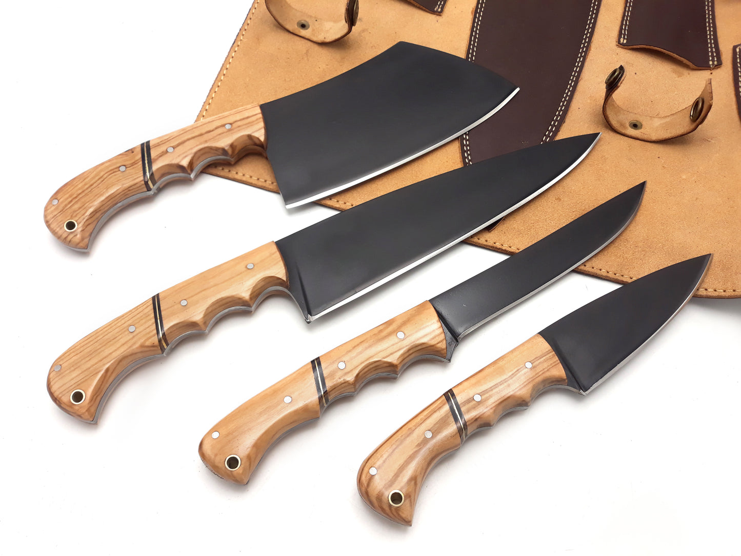 Elegant 4-Piece Chef Knife Set with Olive Wood Handle and Ultra-Sharp High Carbon Steel Blades - Ideal for Professional and Home Cooking"