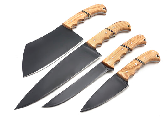 Elegant 4-Piece Chef Knife Set with Olive Wood Handle and Ultra-Sharp High Carbon Steel Blades - Ideal for Professional and Home Cooking"