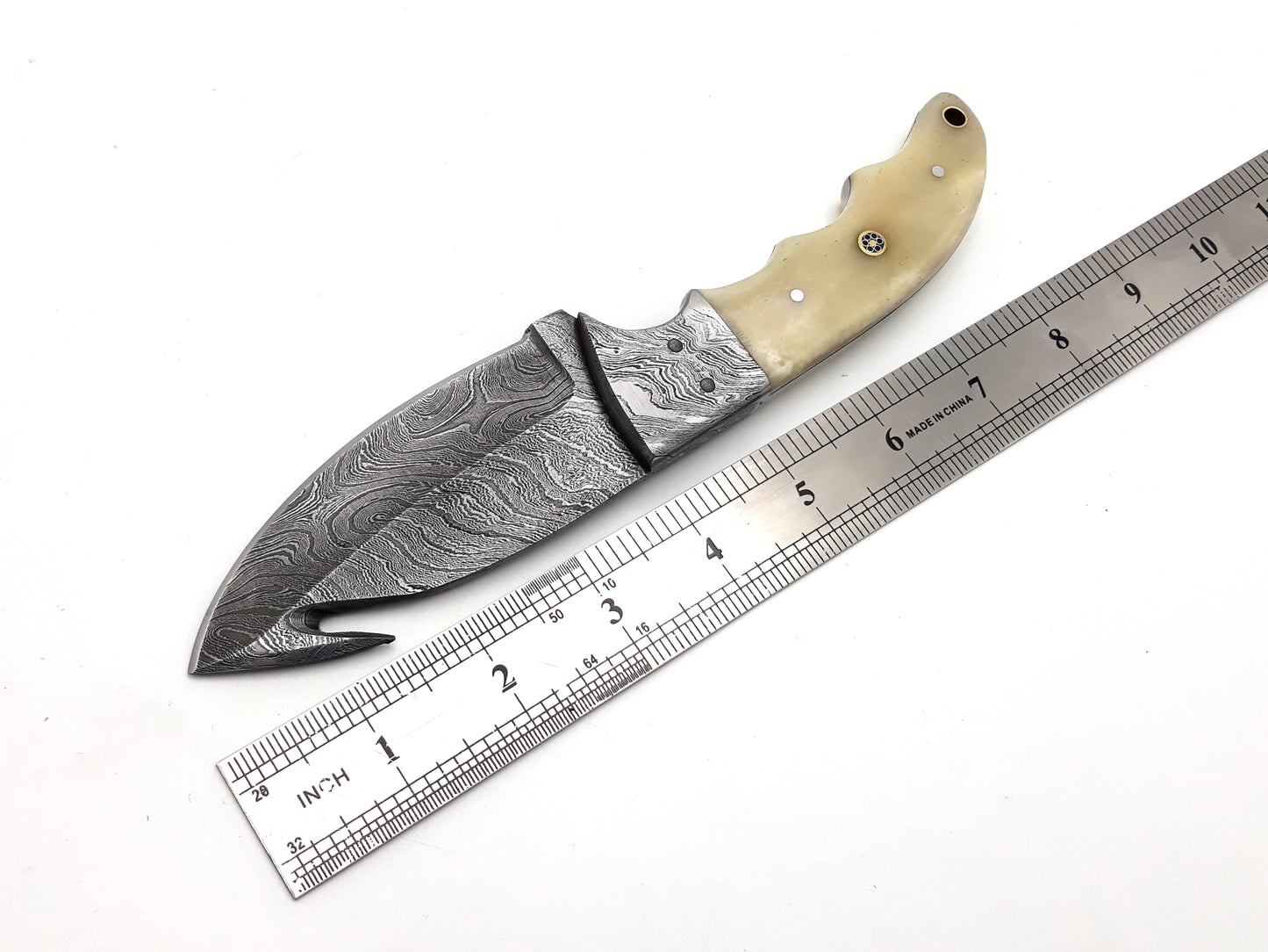 Nooraki Damascus Steel Skinning Knife - Handmade, Gut Hook, Buffalo Bone Handle - Ideal for Camping, Hunting, Fishing, and Survival