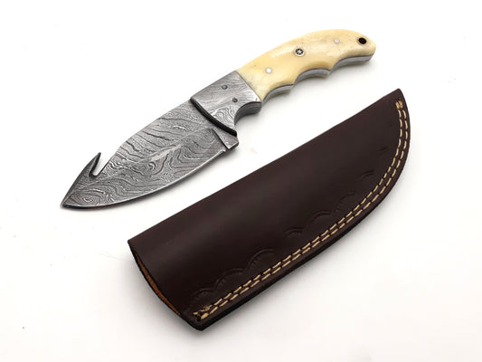 Nooraki Damascus Steel Skinning Knife - Handmade, Gut Hook, Buffalo Bone Handle - Ideal for Camping, Hunting, Fishing, and Survival