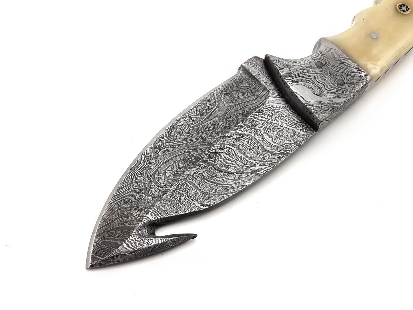 Nooraki Damascus Steel Skinning Knife - Handmade, Gut Hook, Buffalo Bone Handle - Ideal for Camping, Hunting, Fishing, and Survival