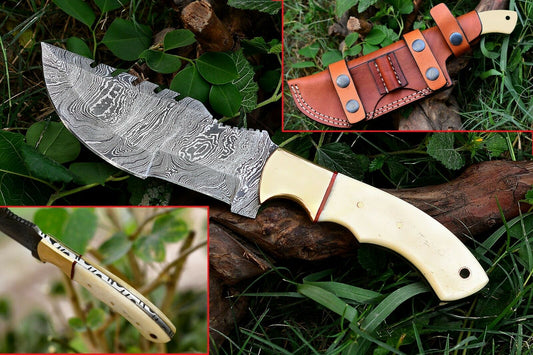 Handmade Damascus Tracker Hunting,Camping Knife Camel Bone Full Tang Handle 11in