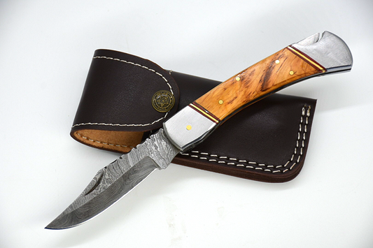 Handmade Wood Damascus Steel Folding Pocket Knife, Hunting Camping W/Sheath