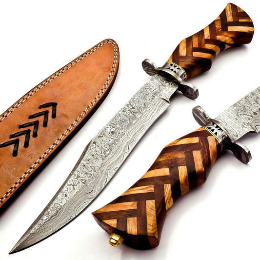 Handmade Damascus Bowie Knife Sharp Blade Wood Handle With Leather Sheath 15inch