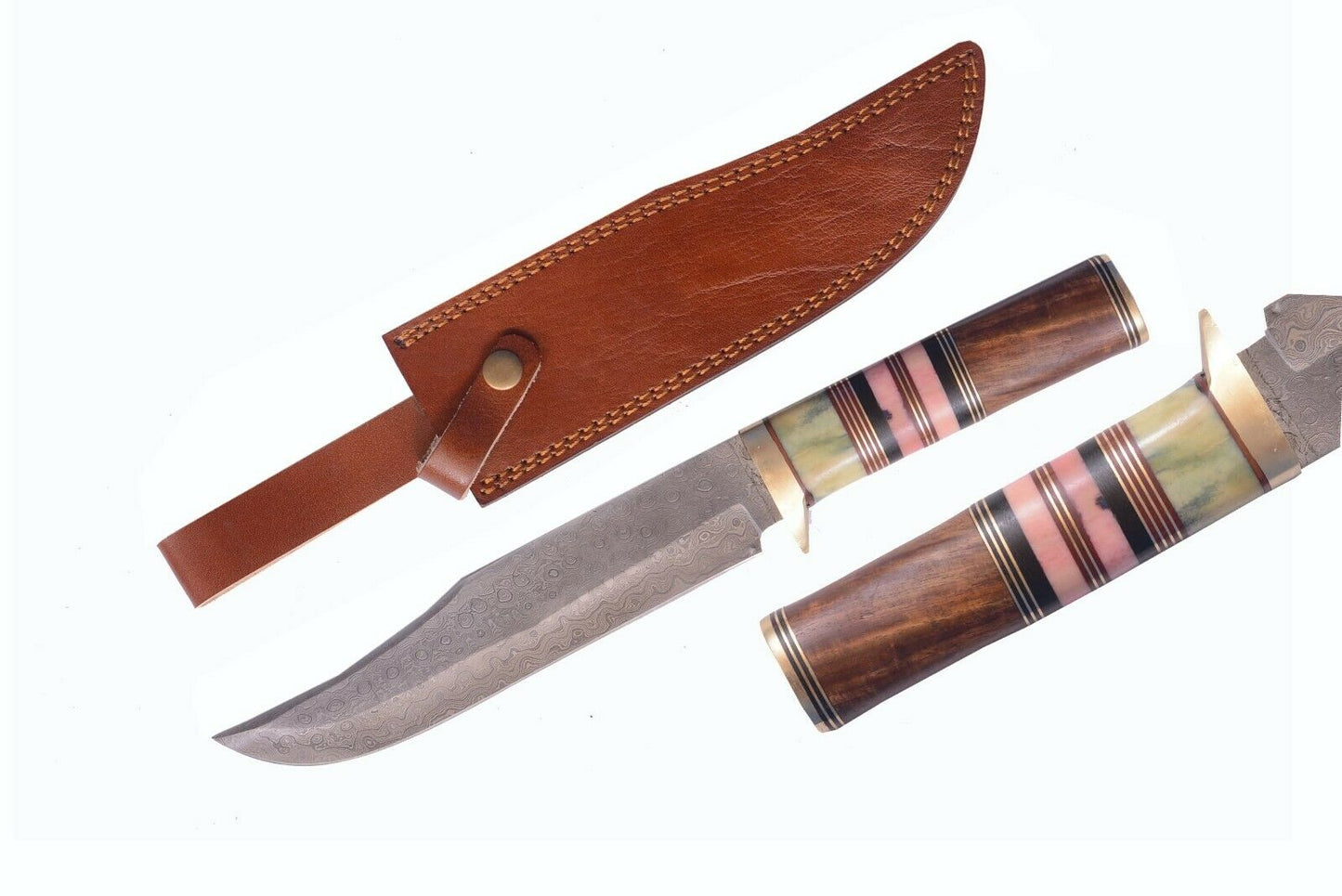 Damascus Twist Bowie Knife Bone + Wood Handle Fiber and Brass Spacer W/Sheath