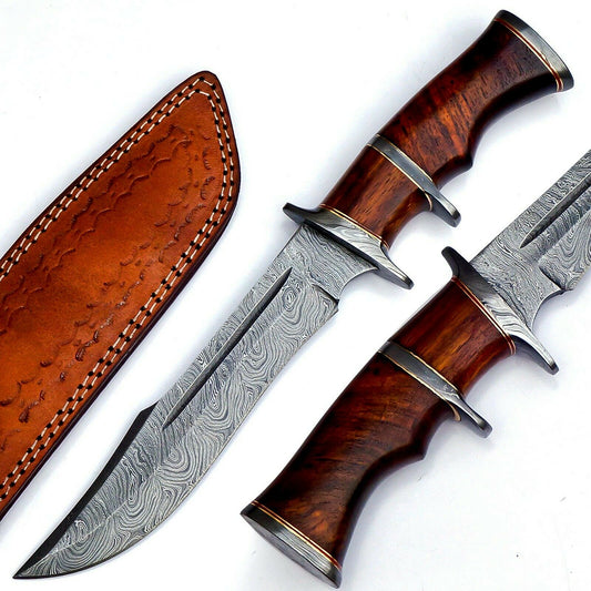 Damascus Fixed Blade Hunting Knife Over 200 Layers With Leather Sheath, Rosewood