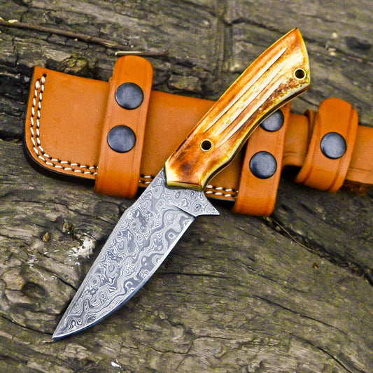 Custom Handmade Damascus Steel Knife - Full Tang Fire pattern Camel bone Handle