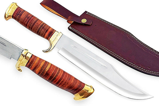 Handmade Bowie Knife, High Carbon Steel, Leather & Brass Handle With Sheath 46cm