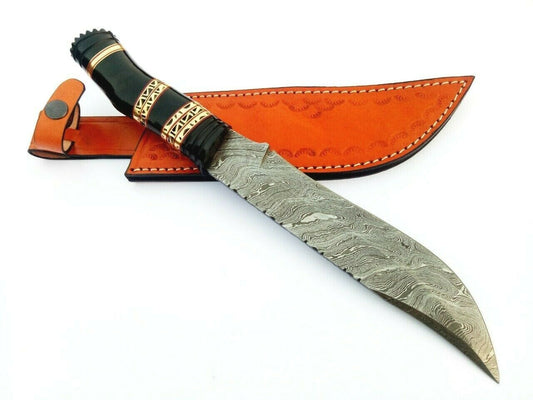 Damascus Bowie Hand forged Hunting Knife Survival blade gift W/ Leather Sheath