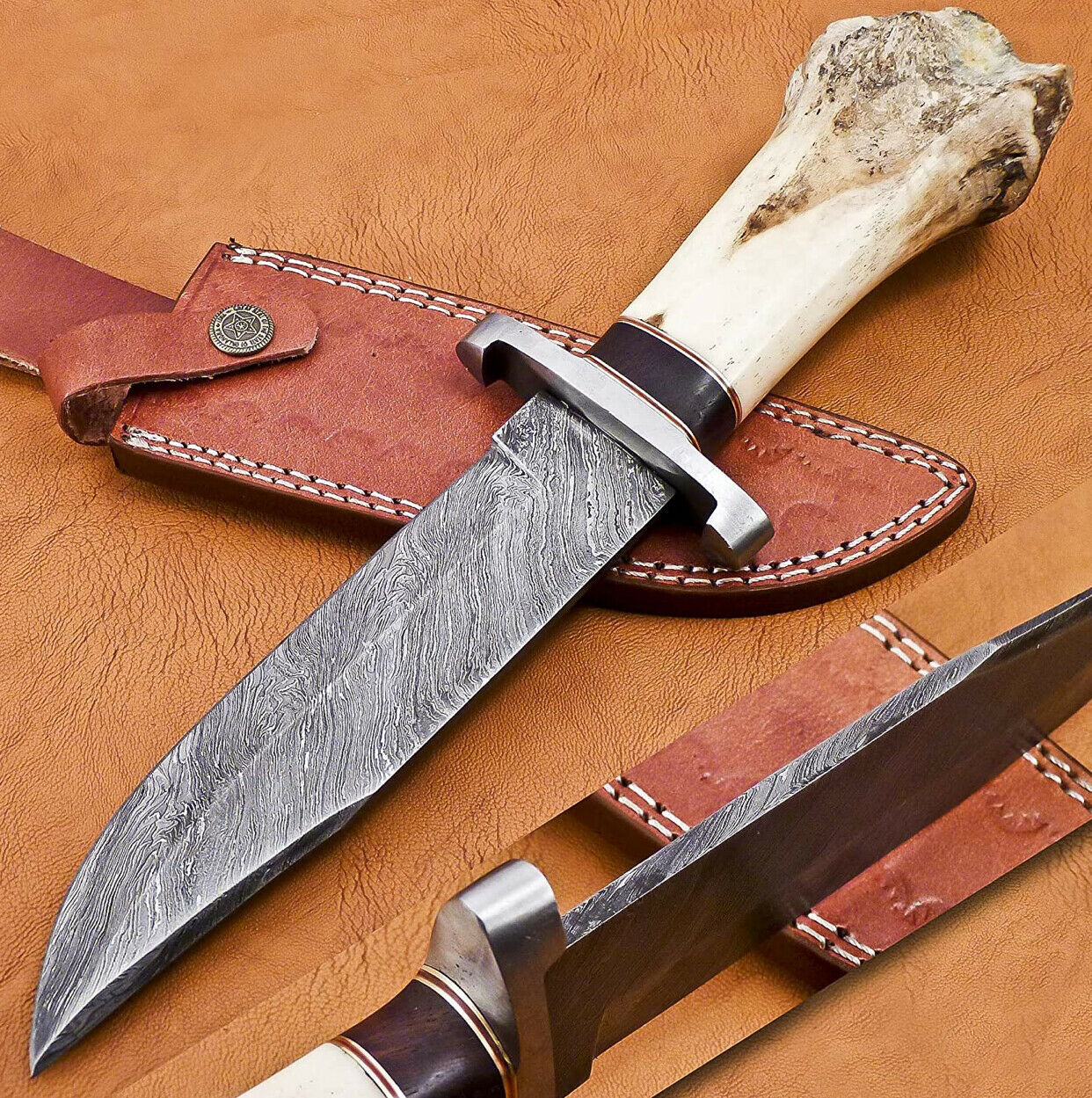 Handmade Damascus Bowie Exotic Camel Bone With Brass & Micarta Spicer Handle