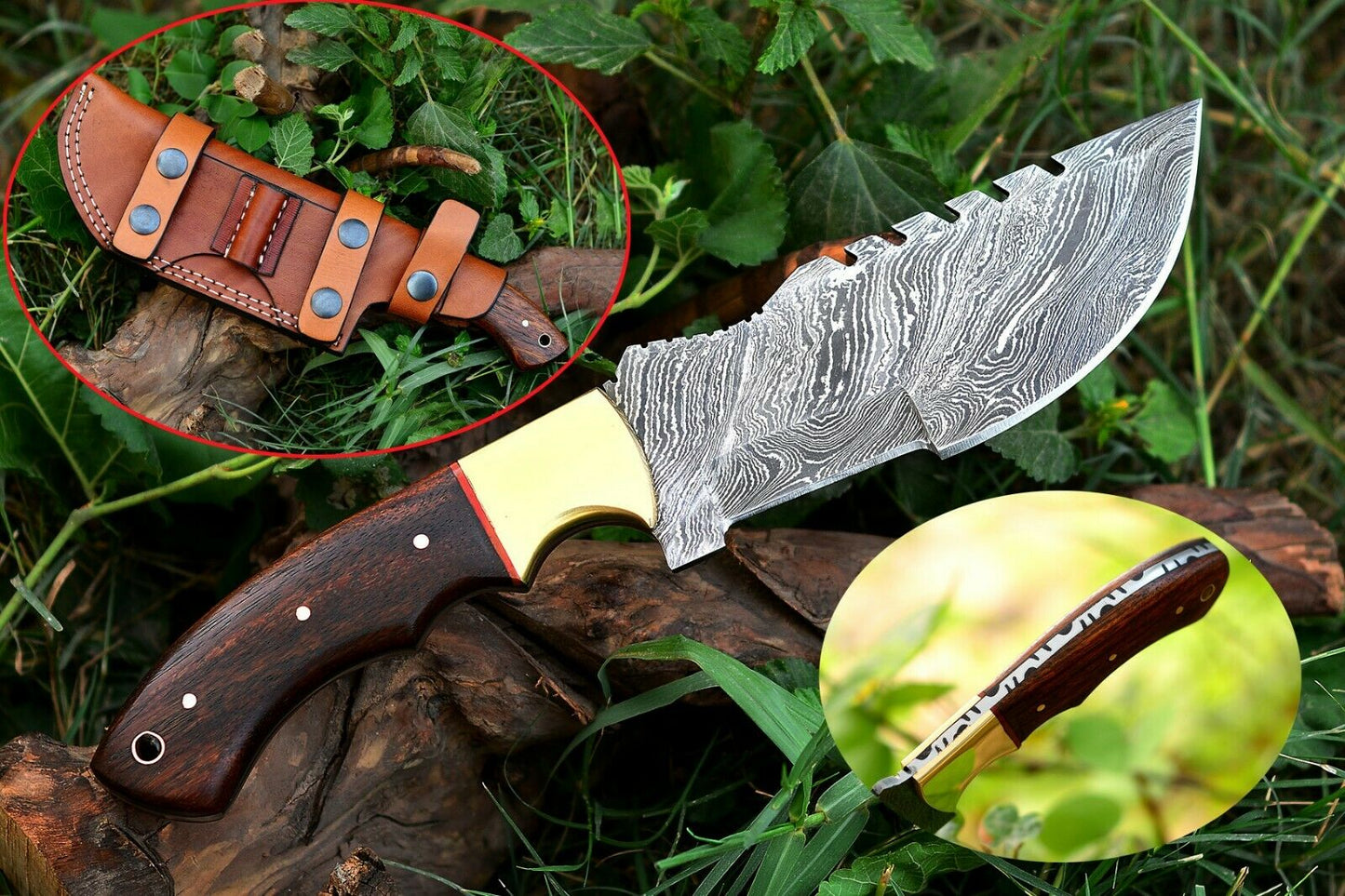 Handmade Damascus Tracker Hunting,Camping, Knife, W/Sheath Full Tang Wood handle