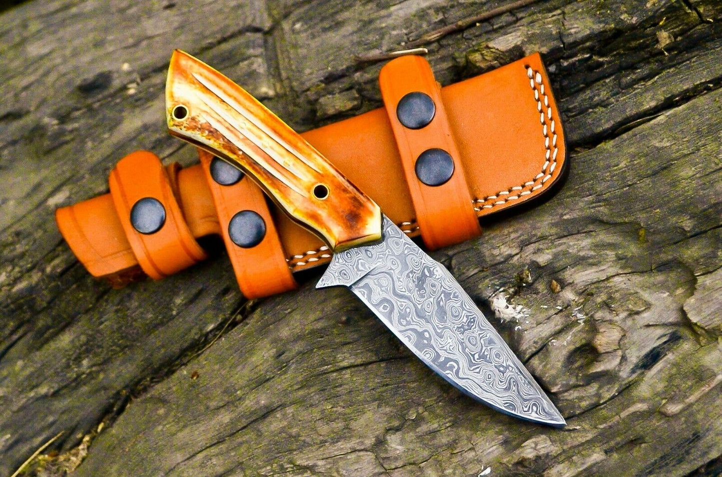 Custom Handmade Damascus Steel Knife - Full Tang Fire pattern Camel bone Handle