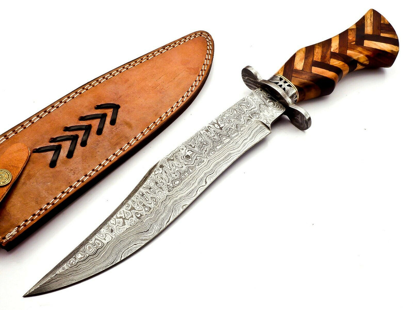 Handmade Damascus Bowie Knife Sharp Blade Wood Handle With Leather Sheath 15inch