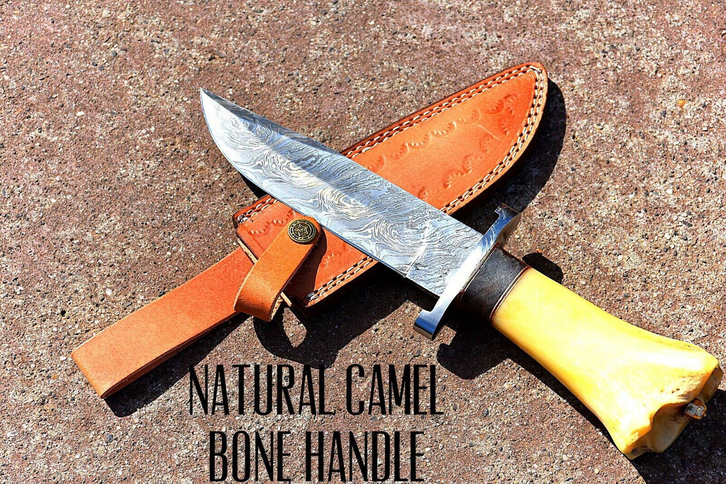 Handmade Damascus Bowie Exotic Camel Bone With Brass & Micarta Spicer Handle