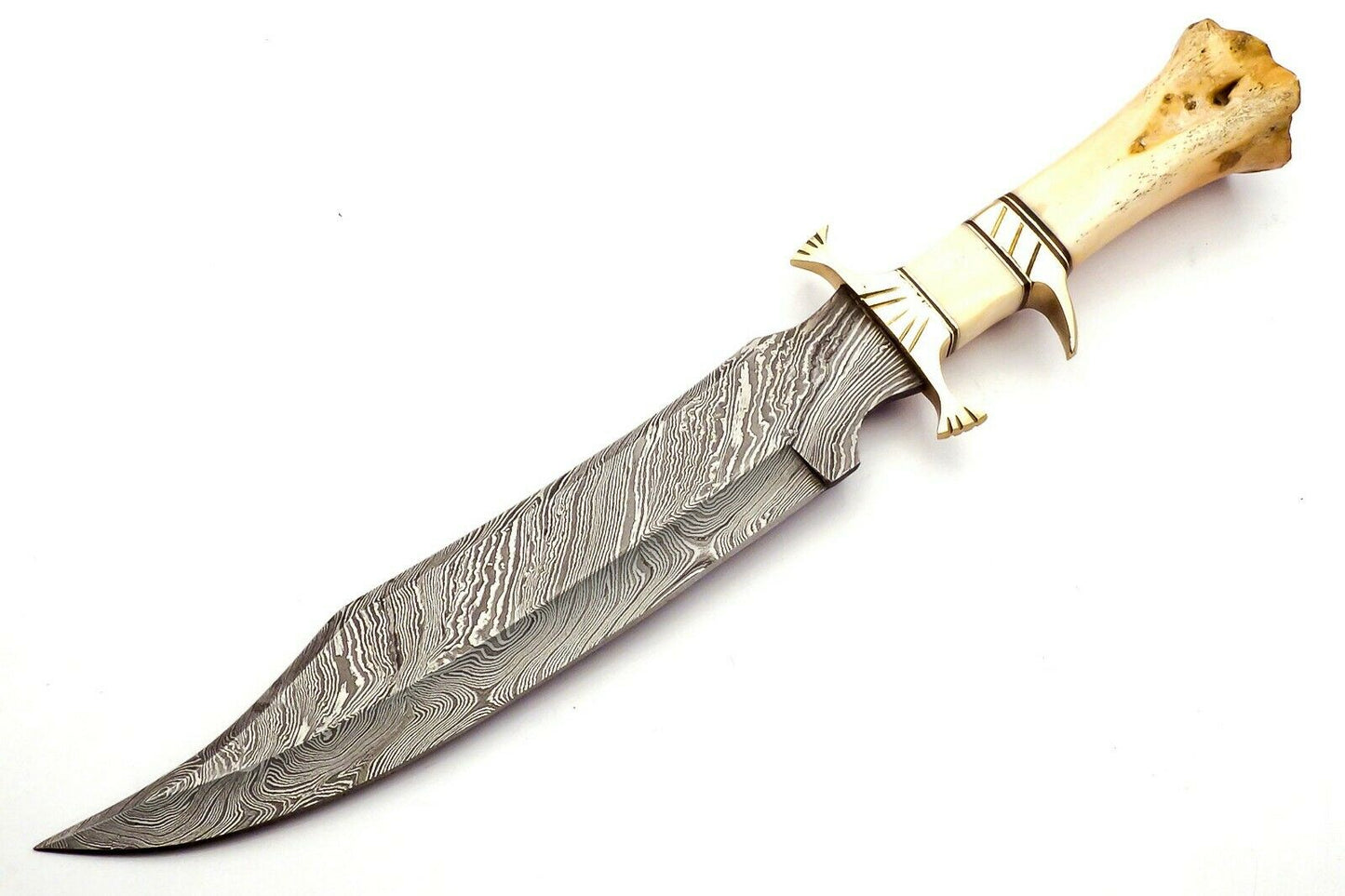 Handmade Damascus Bowie Knife Sharp Blade Camel Bone Handle With Leather Sheath