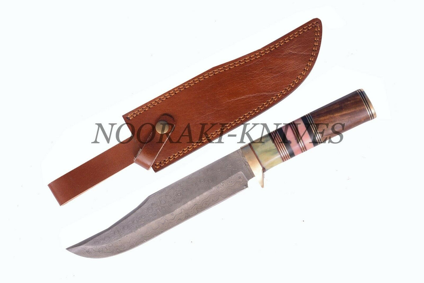 Damascus Twist Bowie Knife Bone + Wood Handle Fiber and Brass Spacer W/Sheath