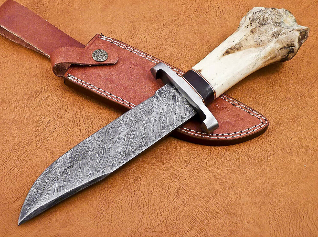 Handmade Damascus Bowie Exotic Camel Bone With Brass & Micarta Spicer Handle