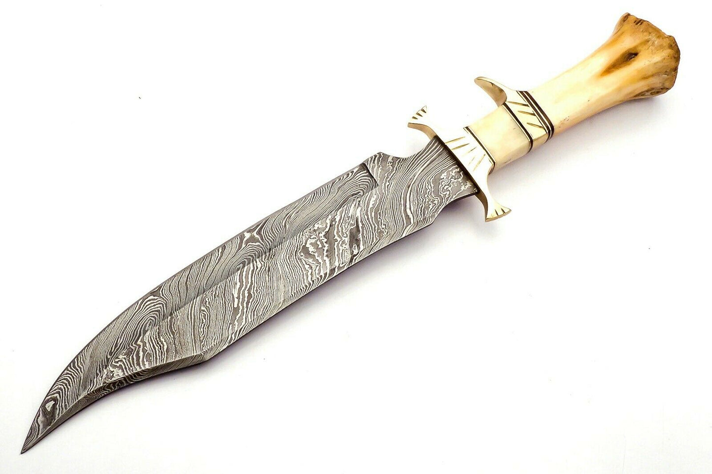 Handmade Damascus Bowie Knife Sharp Blade Camel Bone Handle With Leather Sheath