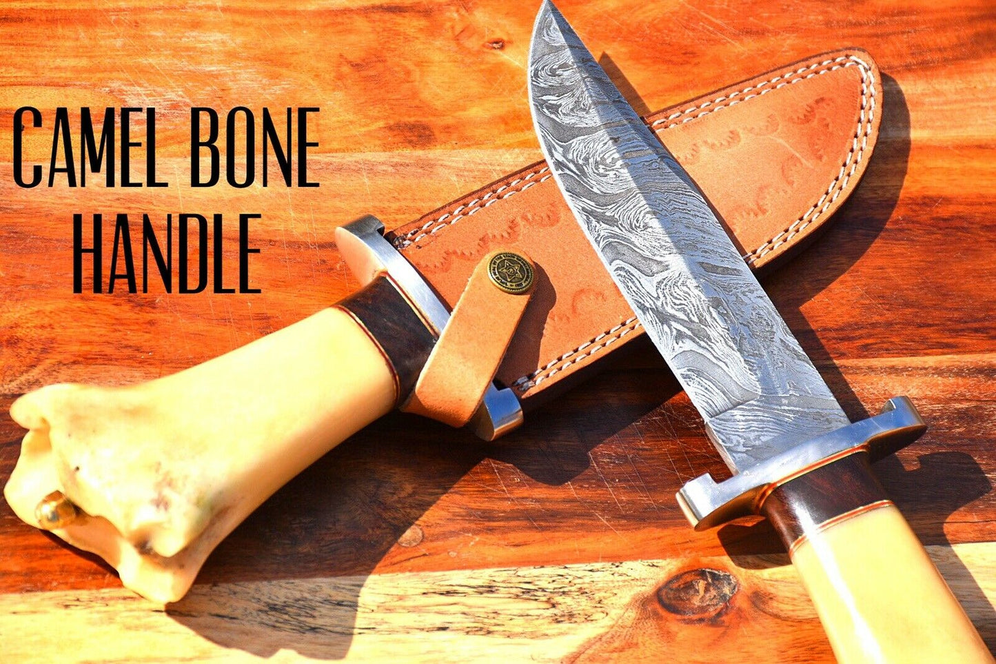 Handmade Damascus Bowie Exotic Camel Bone With Brass & Micarta Spicer Handle