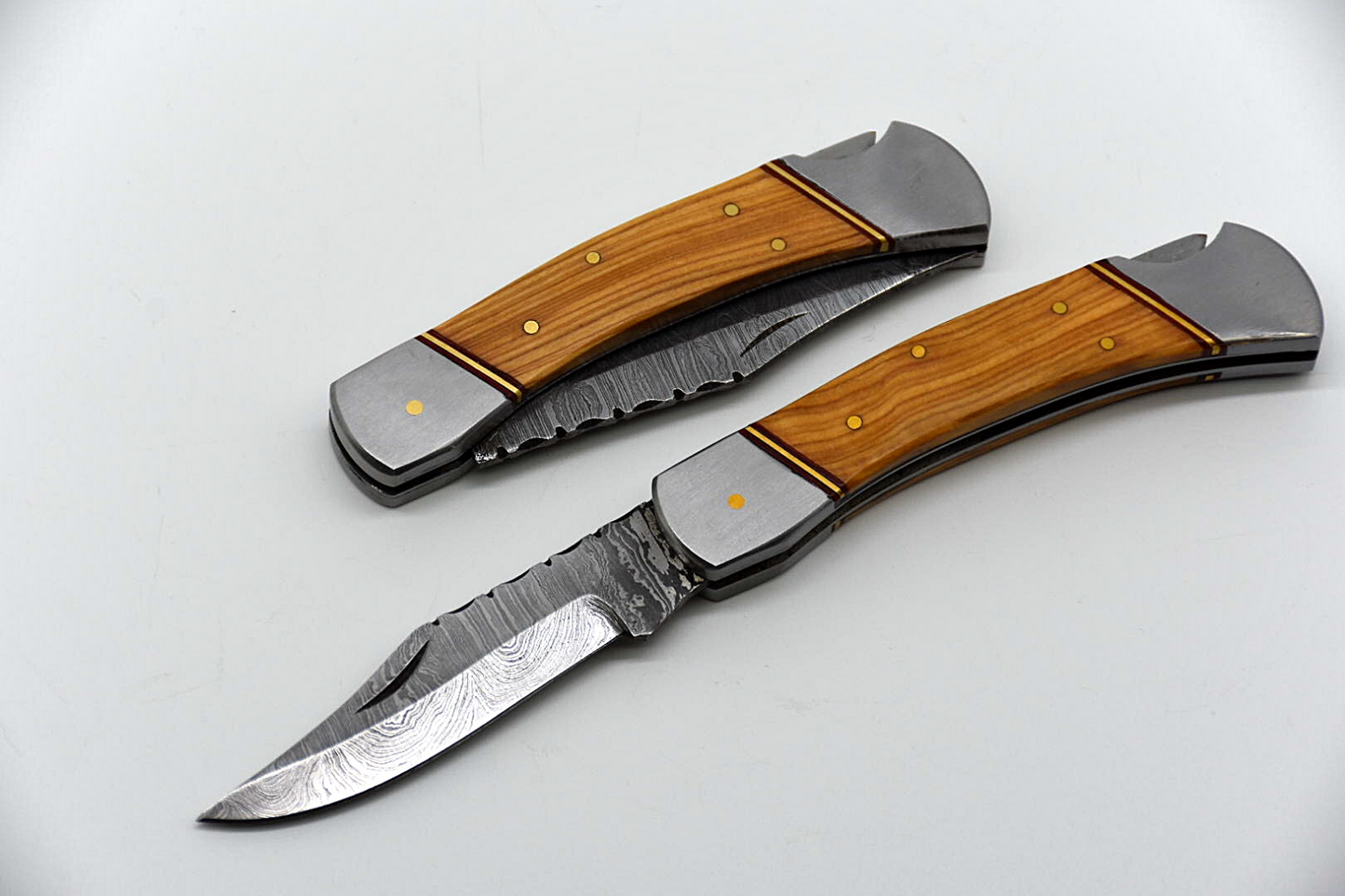 Handmade Wood Damascus Steel Folding Pocket Knife, Hunting Camping W/Sheath